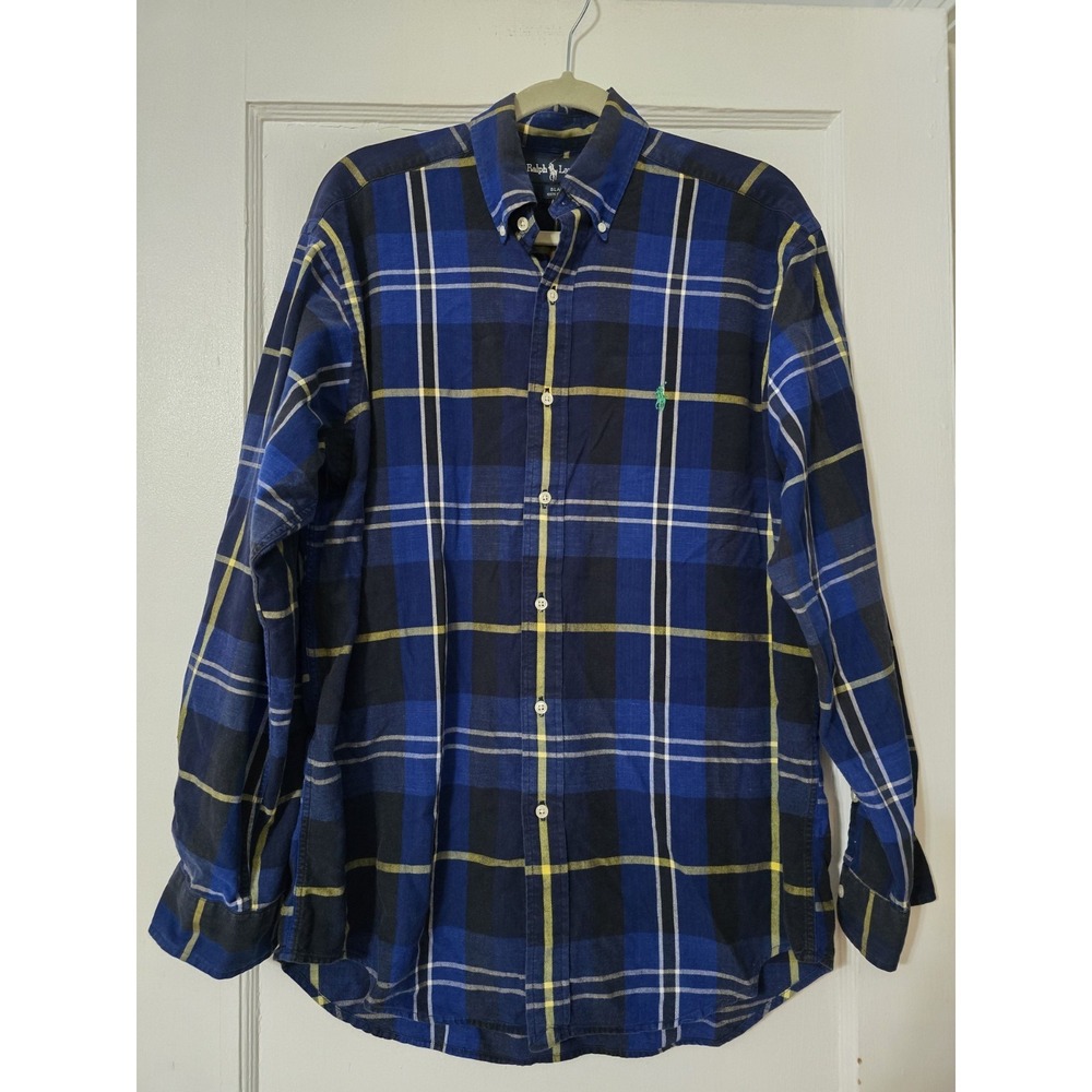 Vintage Polo Ralph Lauren‎ Shirt Mens Medium Blue Plaid Blaire Pony